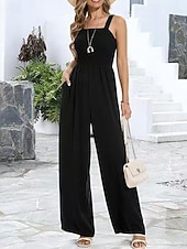 billige Jumpsuits-Dame Normal Kjeledresser Aktiv Helfarge Ermeløs Bred Bukseben Firkantet hals Lomme Daglig Feriereise Løstsittende Svart Vin Navyblå Sommer