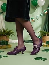  Women's Forest Green Leather Pumps with Rhinestone Square Buckle – Festive Leprechaun Style Low Heels for St. Patrick's Day Parties, Holiday Parades & Vintage Enthusiasts