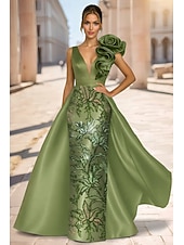  Linha A Tubinho Longo Vestidos de noite Vestido de baile com sobressaia Elegante Brilhante Floral Sem Manga Decote V Festa de Noite Casamento Cetim com Estampa floral Lantejoulas Fenda