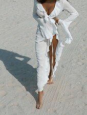 levne Plážové šaty-Dámské Plavky Přehozy Plavky Volány prázdniny Oblečení na pláž Bez vzoru Do V Dlouhý rukáv Plavky