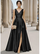 economico Abiti da Sera a Linea A-Linea ad A Lunghezza al pavimento Abito da Sera Elegante Quotidiano Senza Maniche Scollo a V Matrimonio Formale Taffetà con Pieghe Spacco