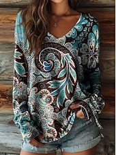 preiswerte Boho-T-Shirt-Damen Boho T-Shirt Floral Grafisch Pflanzen Vintage Stilvoll Lässig Langarm V-Ausschnitt Reguläre Oberteile Täglich Wochenende Druck Blau-Schwarz Rot Braun Sommer Frühling