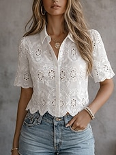 voordelige Kant Tops-Dames Blouse Vetergat Effen Kleur Stijlvol Casual Korte mouw Overhemdkraag Normale tops Dagelijks Wit Zomer Lente Herfst