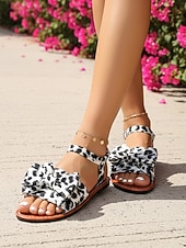 abordables Mujeres-Sandalias planas con lazo y tira en el tobillo con estampado de leopardo para mujer: estilo elegante de isla tropical, cómodas sandalias con estampado animal para cruceros de lujo y vacaciones en