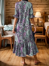 cheap Vacation Boho Dress-Women's Midi Dress Floral Dress Print Dress Fashion Modern Outdoor Vacation Going out Loose Fit Floral Half Sleeve V Neck Teal Red Purple Summer Spring