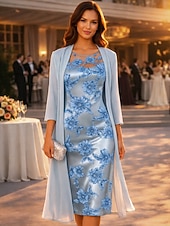 cheap Mom's Dress Sets-Two Piece Mermaid Trumpet Tea Length Wedding Guest Dress Mother of the Bride Dress Half Sleeve Crew Neck Elegant Simple Luxurious Formal Wedding Guest Chiffon Satin with Lace
