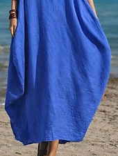 cheap Luxury Dresses-Women's Cotton Linen Maxi Dress Shift Dress Casual Daily Regular Fit Plain 3/4 Length Sleeve Crew Neck Blue White Red Dark Green Summer Spring Fall