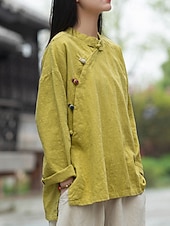 economico Collezione di Lino Premium-Camicia da donna a maniche lunghe con colletto alla coreana in lino biologico