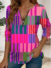 preiswerte Streifen- und geometrisches T-Shirt-Damen T Shirt Reißverschluss Druck Grafik Geometrisch Vintage Stilvoll Lässig Langarm Rundhalsausschnitt Normale Oberteile Täglich Blau Purpur Orange Grün Sommer Frühling