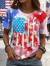 billiga Självständighetsdagen Topp-Självständighetsdagen Amerikansk Jubileum Patriotisk Kvinnors T-shirt Grafisk Bokstav Flagga Vintage Stilfull Casual Kortärmad Crew Neck Dags- och Weekendtryck Blå Rosa Röd Sommar Vår