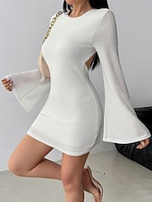 Χαμηλού Κόστους Φορέματα Αποφοίτησης-Γυναικεία Μίνι φόρεμα Λευκό φόρεμα Φόρεμα αποφοίτησης Φόρεμα Bodycon Κομψό Μοντέρνα Μανίκι Flare Cuff ΕΞΩΤΕΡΙΚΟΥ ΧΩΡΟΥ Διακοπές Εξόδου Κανονικό Σκέτο Μακρυμάνικο Στρογγυλή Ψηλή Λαιμόκοψη Μαύρο Λευκό