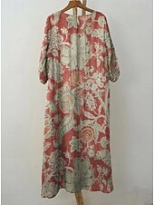 Χαμηλού Κόστους Floral φορέματα-Γυναικείο Μακρύ Φόρεμα Λινάρι Τόσο Αναπνεύσιμη Ελαφριά Σαλοπέτα Άμεσου Στυλ Καλοκαιρινό Φόρεμα Διακοπών Καθημερινό Μποχό Παραλία Διακοπές 3/4 Μανίκι Λαιμός Φαρέτρα