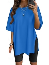 voordelige Effen t-shirt-Dames T-shirt Zijsplit Effen Kleur Grafisch Modieus Klassiek Casual Korte mouw Strakke ronde hals Ronde hals Lange tops Dagelijks Uitgaan blauw Zwart Wit Lichtgroen Blozend Roze Zomer Lente