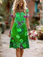 tanie Sukienki kwiatowe-Damskie Sukienka midi Sukienka trapezowa Sukienka t-shirtowa Codzienny Codzienny Regularny Kwiaty Graficzny Krótki rękaw Półgolf Czerwony Królewski błękit Fioletowy Zielony Lato Wiosna