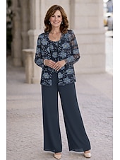 economico Tailleur pantalone della mamma-Tuta Completo Pantalone Tre Pezzi Completo Pantalone Lunghezza al pavimento Abito da cerimonia per signora Manica Lunga Scollo Tondo Elegante Taglie Forti Formale Ospite di nozze Chiffon con Pizzo