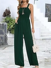 billige Jumpsuits-Dame Normal Kjeledresser Aktiv Helfarge Ermeløs Bred Bukseben Firkantet hals Lomme Daglig Feriereise Løstsittende Svart Vin Navyblå Sommer