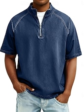  Herren Hemd aus 100 % Baumwolle in Säurewaschung T-Shirt Kurzarm Stehkragen Herbst Winter Frühling Herbst Einfach Vintage Streetwear Lässig Reißverschluss Stückgefärbt Basic Lässig Heim Straße