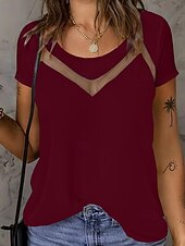 abordables Camiseta lisa-Mujer Camiseta Camiseta superior Encaje Plano Moda Elegante Clásico Manga Corta Cuello Barco Tops regulares Diario Noche Fin de semana Azul Piscina Negro Blanco Rojo Verano Primavera