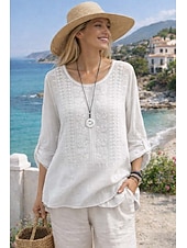 abordables Camisas-Mujer Camisa Algodón Compuesto Blusa Malla Plano Moderno Media Manga Cuello Barco Tops regulares Diario Festivos Noche Azul Piscina Blanco Amarillo Morado Caqui Verano