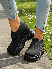 billiga Damsneakers-vita stickade slip-on-platåskor med kilklack för kvinnor – bekväma, grova athleisure-skor för dagliga promenader, ärenden och resor