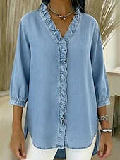 economico Bluse Semplici-Per donna Camicia Estiva Camicia casual Blusa Volant Tinta unica Vacanza Vintage Elegante Manica 3/4 Scollo a V Top Regolari Quotidiano All'aperto Ferie Blu Nero Blu marino Albicocca Grigio Primavera