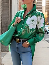 abordables Blusas Florales-Mujer Camisa Botones Estampado Floral Graphic Elegante Básico Moderno Manga Larga Cuello Camisero Tops regulares Diario Trabajo Azul Piscina Negro Rojo Morado Marrón Primavera Otoño Invierno
