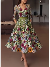 cheap Cocktail Dresses-A-Line Tea Length Cocktail Dresses Elegant Vintage Floral Half Sleeve V Neck Garden Party Wedding Pocket Satin Lace with Embroidered Flower Embroidery Pocket