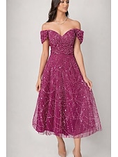 cheap Cocktail Dresses-A-Line Tea Length Beaded Eembroidered Formal Dresses Mother of the Bride Dress Cocktail Dresses Party Dresses Wedding Guest Dresses Elegant Glittering Embellished Sleeveless Off Shoulder Formal