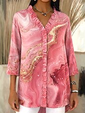 economico Arte &amp; Design Bluse-Per donna Camicia Camicia Boho Arricciato Volant Ombre Grafico Geometrico Elegante Vintage Quotidiano Manica Lunga Scollo a V Top lunghi Quotidiano Lavoro Ferie Rosa Verde Cachi Estate Primavera