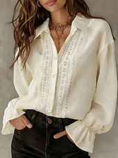 voordelige Effen Blouses-Dames 100% Katoenen Blouse Faux Linnen Geplooide Knoppen Effen Kleur Stijlvol Basis Casual Lange Mouwen Kraag Reguliere Tops Dagelijks Blauw Zwart Wit Roze Beige Lente Fall Winter
