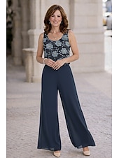 economico Tailleur pantalone della mamma-Tuta Completo Pantalone Tre Pezzi Completo Pantalone Lunghezza al pavimento Abito da cerimonia per signora Manica Lunga Scollo Tondo Elegante Taglie Forti Formale Ospite di nozze Chiffon con Pizzo