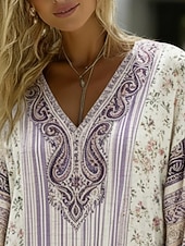  Γυναικεία Πουκάμισο Μπόχο πουκάμισο Λινό από ψεύτικο βαμβάκι Στάμπα Φλοράλ Γραφική Βοημία Βίντατζ Κλασσικό Μακρυμάνικο Λαιμόκοψη V Κανονικά μπλουζάκια Καθημερινά Αργίες Εξόδου Βυσσινί