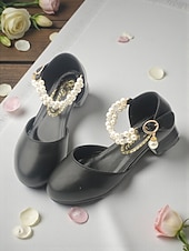 abordables Enfants &amp; Fille de Fleurs-Chaussures de demoiselle d'honneur pour enfant, couleur ivoire, ornées de perles et de strass, avec bride cheville et petit talon rembourré. Élégantes chaussures de princesse, parfaites pour les