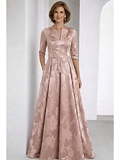 abordables Largo del piso-Corte A Hasta el Suelo Vestido Invitada Boda Vestido formal Vestido de la Llamarada Vestido de Madrina Media Manga Escote en Pico Elegante Vintage Formal Jacquard con Lazo(s)