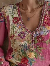 ieftine Topuri Boho-Pentru femei Cămașă Cămașă Boho Bluză Brodat Floral Grafic Boemia Epocă Stilat Manșon Lung În V Topuri obișnuite Zilnic Concediu Ieșire Roz trandafiriu Vară Primăvară