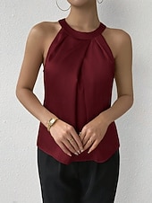 tanie Zwykły zbiornik-Damskie Elegancki Top satynowy Satynowa koszula Koszula obozowa Z marszczeniami Jednokolorowe Elegancki Podstawowy Codzienny Bez rękawów Kantarka Zwykłe topy Codzienny Święto Wyjściowe Czarny Biały