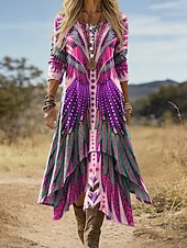 preiswerte Boho Kleid-Damen Midi Kleid Boho Shift Kleid Urlaub Party Lässig Täglich Feiertag Reguläre Passform Grafisch Geometrisch Langarm Rundhals V-Ausschnitt Blau Gelb Lila Grün Sommer Frühling Herbst