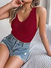Χαμηλού Κόστους Απλή δεξαμενή-Γυναικεία Μπλουζάκια με πλέξιμο ρίμ Αμάνικη Μπλούζα Μπλουζάκι μπλουζάκι Συμπαγές Χρώμα Μοντέρνα Στυλάτο Κλασσικό Αμάνικο Λαιμόκοψη V Κανονικά μπλουζάκια Καθημερινά Εξόδου Σαββατοκύριακο