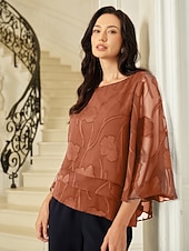  Жен. Топы из шифона Элегантный стиль Вырез под горло Коралловый красный Лето Весна Осень