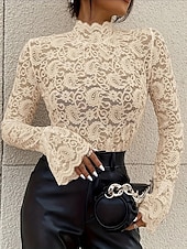 preiswerte Spitzenoberteile-Damen Bluse Spitzentops Spitze Blumen Einfach Stilvoll Sexy Modern Langarm Glockenärmel Hoher Ausschnitt Normale Oberteile Täglich Ferien Ausgehen Blau Schwarz Weiß Rosa Sommer Frühling
