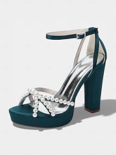 cheap Bride-Women's Ivory Platform Chunky Block Heel Sandals, Pearl-Embellished Ankle Strap Bridal Shoes for Church Weddings