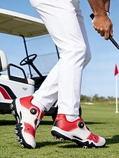 Χαμηλού Κόστους Ανδρικά Παπούτσια Γκολφ-Ανδρικά κόκκινα και μαύρα παπούτσια γκολφ – υψηλής ποιότητας συνθετικό δέρμα, αδιάβροχα, ιδανικά για γκολφ και ενεργό τρόπο ζωής σε εξωτερικούς χώρους