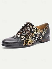 cheap Derby Shoes-Men's Elegant Leather Wedding Shoes - Black with Gold Floral Pattern, Premium Quality Footwear for Weddings and Formal Celebrations