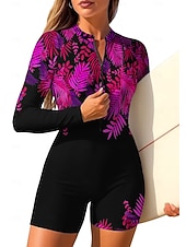 お買い得  ワンピースラッシュガード-女性用 ラッシュガード ワンピースサーフィンスーツ 水着 フラワー トロピカル風 カラーブロッキング ジッパーを閉める 内蔵ブラ付き 取り外し式パッド UVサンプロテクション UPF50+ 超軽量(UL) 長袖 スイムウェア ラッシュガード サーフィン ビーチ ウォータースポーツ 夏