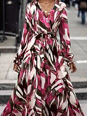 cheap Casual Floral Dresses-Women's Long Dress Maxi Dress A Line Dress Floral Dress Elegant Fashion Modern Daily Outdoor Vacation Regular Fit Floral Long Sleeve V Neck Red Brown Spring Fall
