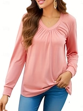 voordelige Effen t-shirt-Dames T-shirt Met ruches Effen Modieus Klassiek Casual Lange mouw V-hals Normale tops Dagelijks Uitgaan Weekend Zwart Wit Blozend Roze Leger Groen Lente Herfst