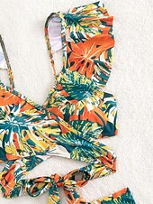 tanie Zestawy bikini-Damskie Stroje kąpielowe Bikini 2 szt Wysoka talia Kostium kąpielowy Falbana Szczupła Odkryte plecy Urlop Stroje plażowe Kwiaty Tropikalny W serek Bez rękawów Kostiumy kąpielowe