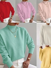 billiga Plain Pullover-Women's Sweater Pullover Fashion Streetwear Casual Solid Color Mock Neck Knitted Long Sleeve Regular Tops Knit Daily Holiday Going out Yellow Pink Fall Winter