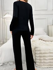 preiswerte Damen Schlafoberteile und -unterteile-Damen Schlafanzug Set Lässig Komfort Blumen Einfarbig Elastischer Bund Hose Täglich Heim Langarm V Ausschnitt Schwarz Weiß Purpur Grau Sommer Frühling Normale Passform