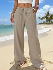 preiswerte Unterteile für Damen-Damen Hose Sommerhose Baggy-Hosen Strandhose Urlaub Basic Volle Länge Mittlere Taille Einfarbig Einfach Kordelzug Gerader Schnitt Komfort Weich Atmungsaktiv Unelastisch Täglich Strand Ferien Beige